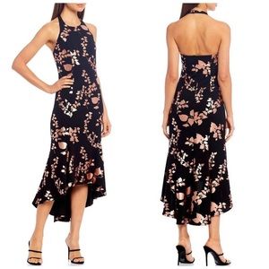 Badgley Mischka Black Halter High-Low Dress with Rose Gold Floral Print